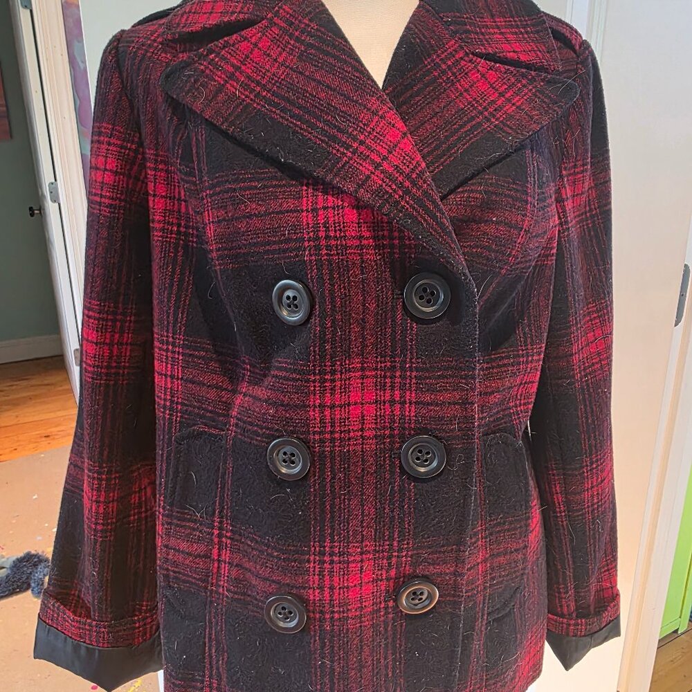Old Navy Red & Black Plaid Double Breasted Wool Blend Pea Coat Size Large